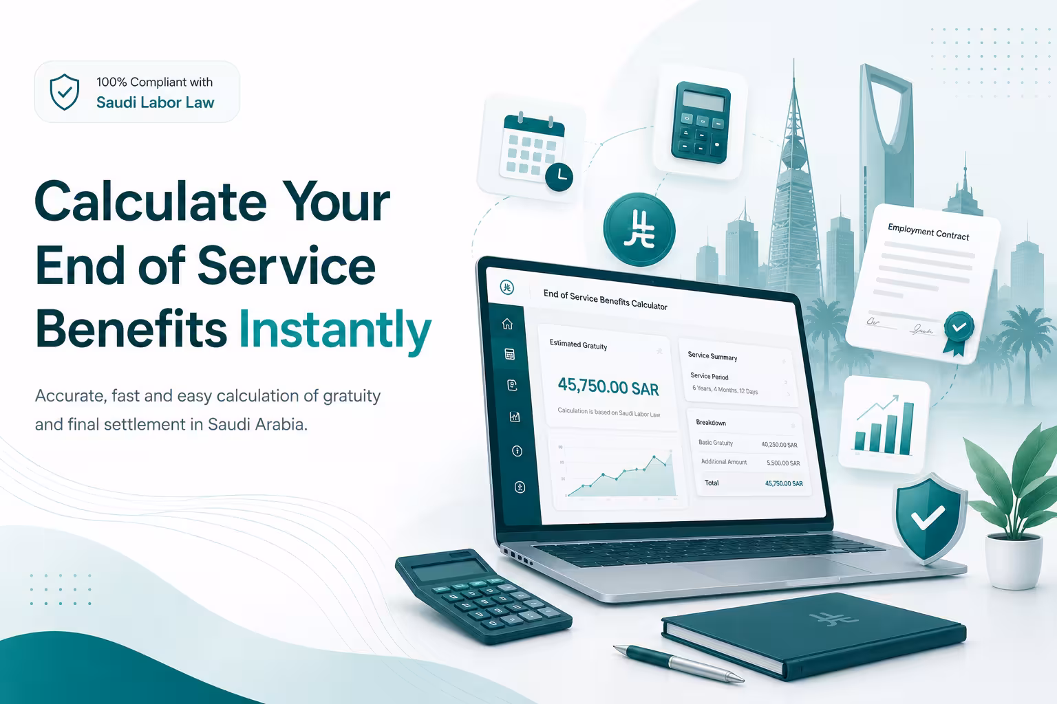 End of service benefits calculator for Saudi Arabia showing an estimated gratuity of 45,750 SAR under Saudi Labor Law, with the service period and a full breakdown